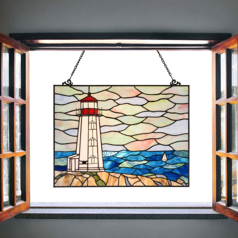 Bieye W10066 Peggy's Point Lighthouse Tiffany Style Stained Glass Window Hangings Panel, 19" W x 14.4" H - Image 4